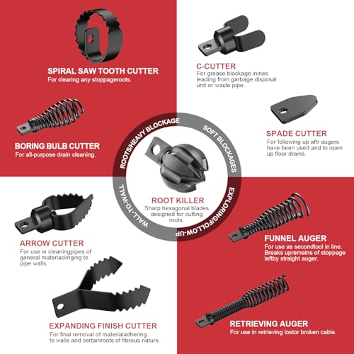 100 ft x 1/2 inch POPULO Auto Feed Electric Drain Snake Auger for 2 to 4 Inch Pipes, Sewer Plumbing Snake Auger, Heavy Duty Drain Cleaner Machine with 8 Cutters & 1 Root Killer & Gloves - style: 100ft x 1/2inch