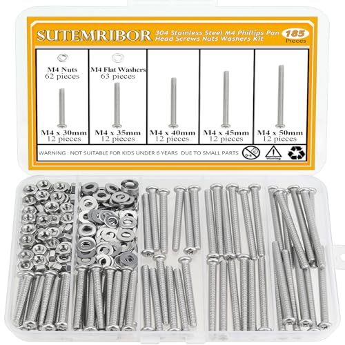 185 Pieces M4 x 30/35/40/45/50mm Machine Screws Nuts Washers Set, Sutemribor M4 Long Screws, M4 Phillips Pan Head Machine Screws Nuts Washers Assortment Kit, 304 Stainless Steel, Fully Threaded - size: M4 x 30-50mm, style: Phillips Pan Head