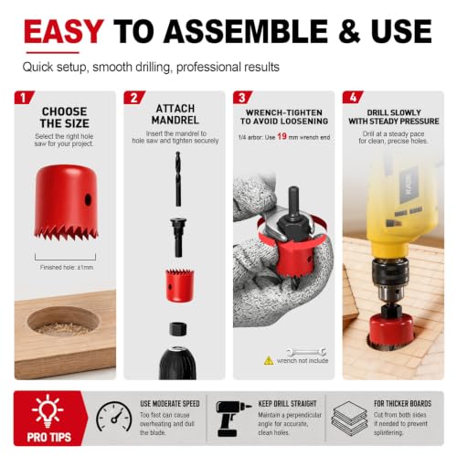 KATA 8PCS Hole Saw Kit 1" to 2-1/8" Hole Saw in Case for Wood, PVC, Plywood - color: 8PC-Red Coated