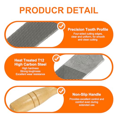 HARFINGTON 3pcs Flat Cut File 10" Double Cut Teeth High Carbon Steel Hand Rasp File with Wood Handle for Metal Wood Deburring Removing - size: 10"