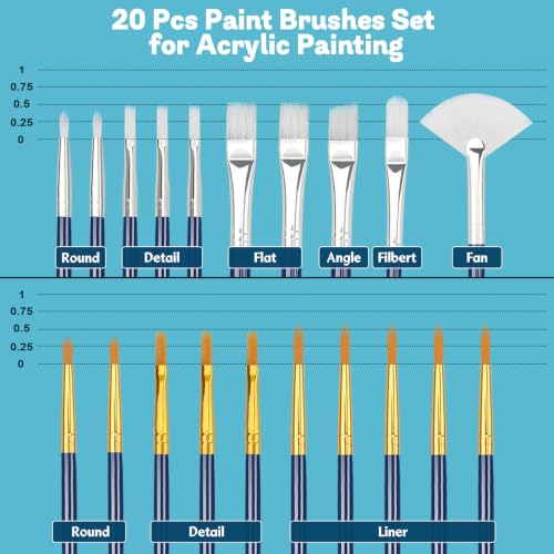 Halobios Paint Brushes Set, 20 Different‑Size Acrylic Paint Brushes for Nail Art, Face Art, Crafts, Rock Painting & School Projects - size: 20PCS
