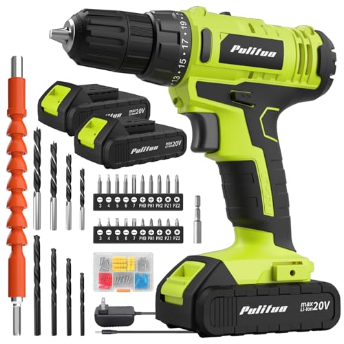 PULITUO'S 20V Cordless Drill/Driver, Electric Screwdriver - 2 Batteries, 30Nm, 21+1 Torque, 2 Speed, Keyless 3/8" Chase Drill with LED Light, Kit for Home (Green) - style: 20V Drill (green)- double