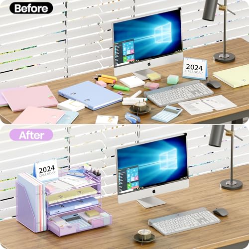 OPNICE Desk Organizer, 4-Tier Desktop File Organizer with Drawer and Pen Holders, Office Desk Accessories, File Sorters, Workspace Organizers for Office Supplies(Purple) - color: Purple, size: 4T