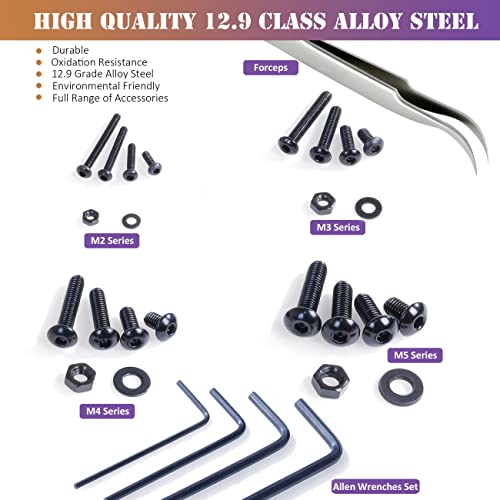 ZTF 840PCS Hex Button Head Cap Bolts Screws Nuts Washers Assortment Kit, M2 M3 M4 M5 Bolts Screws with Storage Box, 10.9 Grade Alloy Steel Machine Thread, ISO 7380 Allen Socket Drive - style: Button Socket Head