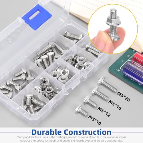 Glarks 80pcs M5 T Slot Drop-in Bolt with Hexagon Flange Nut Set, 10/12/16/20MM Hammer Head T-Bolt, T Shape Stud Sliding Screw, T Screw Stud for European Standard 20 Series Aluminum Profile - size: M5