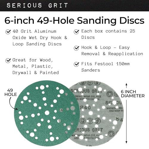 Serious Grit - 6-Inch 49-Hole P40 Grit Sanding Discs - 25 Pack Box - size: 40 Grit