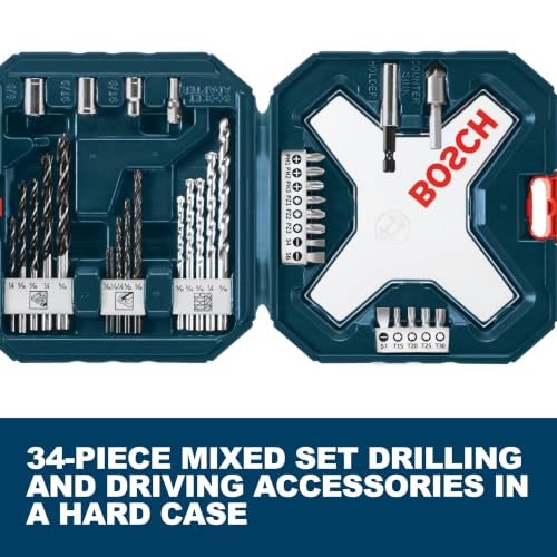 BOSCH MS4034 34-Pc Wood, Metal, Masonry Mixed Drill Bit Set with Case - size: Various in, style: 34pc