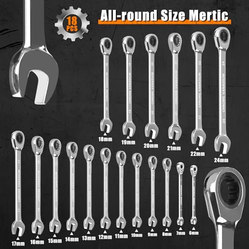Egofine Ratcheting Wrench Set, 6 mm - 24 mm Metric Wrench Set 18pc, 72 Teeth Combination Wrenches Set, Chrome Vanadium Steel with a Roll Up Storage Bag - size: Metric-18 piece set