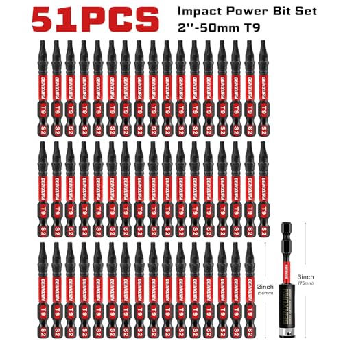 Geinxurn 51 Pieces T9 Impact Tough Magnetic Screwdriver Bit Set, 2 In. #9 Torx Head Power Bit Set, S2 Alloy Steel T9 Star Bit with 1Pc Impact Bit Holder - size: 2"-51PCS, style: T9