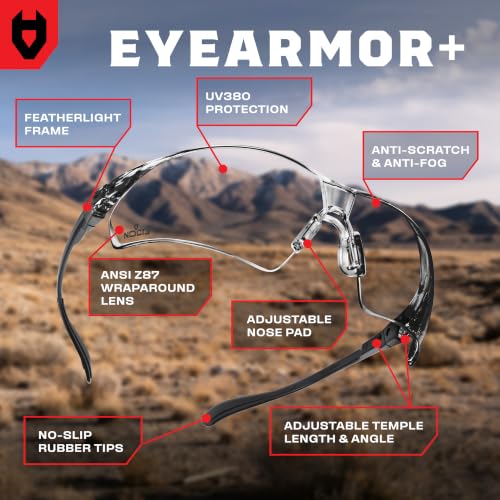 NoCry Clear Shooting Glasses for Men with Anti-Fog and Scratch Resistant Wraparound Lenses — ANSI Z87 Safety Glasses for Men with Adjustable Temples & Nose Pad — 100% UV Eye Protection for Shooting - color: Black & Black