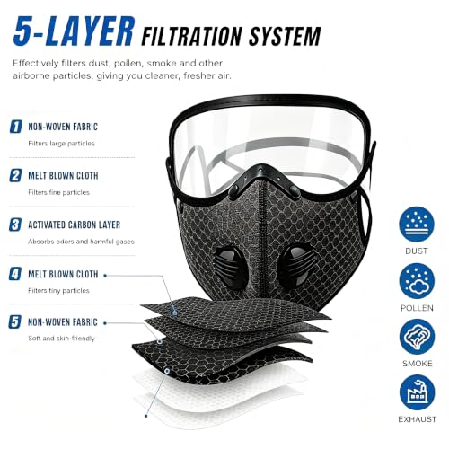 Detachable Protective Goggles Riding Mask,Reusable Carbon Filter Dust Mask with Adjustable Goggles,Windproof, dustproof, and Anti Droplet, All Season Universal Sports mask(Black)