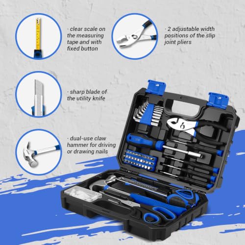 DEKOPRO 50 Piece General Household Hand Tool Kit with Plastic Toolbox Storage Case, All Purpose Home Tool Kit Includes Essential Tools for Office College Repairs - Blue - color: Blue-50pcs