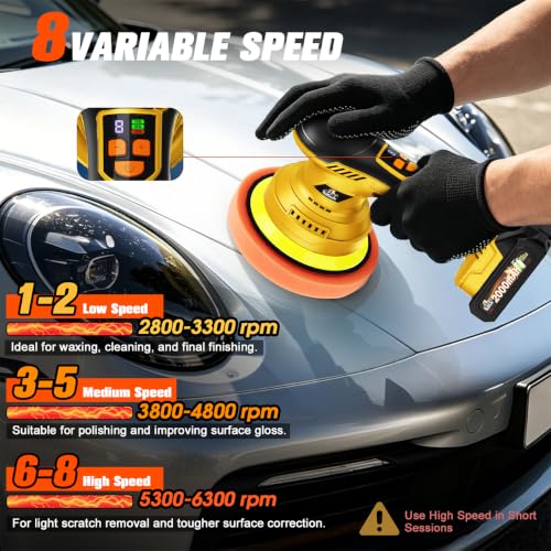 Cordless Dual Action Car Buffer Polisher, 8-Speed, 2*21V Batteries - color: Yellow