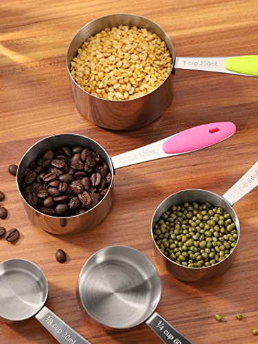 Joyhill Stainless Steel Measuring Cups and Spoons Set of 10 Piece, Nesting Metal Measuring Cups Set with Soft Touch Silicone Handles for Dry and Liquid Ingredients, Cooking & Baking (Colorful) - color: a)Stainless Steel-Colorful