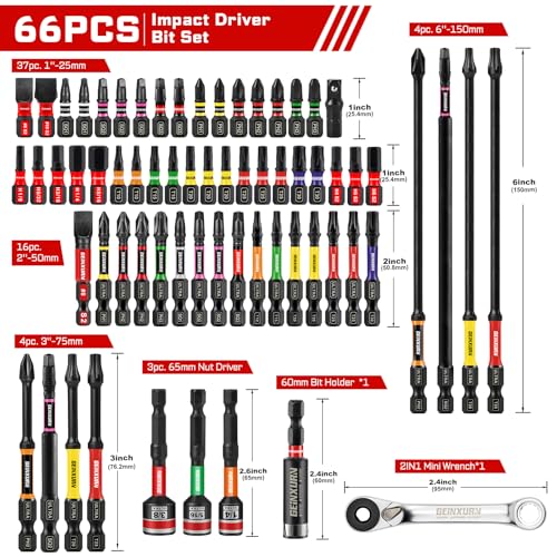 Geinxurn 66Pieces Impact Screwdriver Bits Set, Magnetic S2 Steel Phillips/Slotted/Square/Torx/Hex Insert Power Bits Tips with Impact Bit Holder and Impact Nut Driver and Mini Wrench - size: Mixed-66Pcs