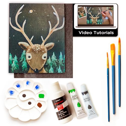 Painting4Real Acrylic Art Painting Kit with Video Tutorials - How to Paint with Acrylic Paint Set for Adults, Learn to Paint Reindeer - 9 Peices Painting Set for Adults, Beginners, Art Lovers - color: Christmas Reindeer