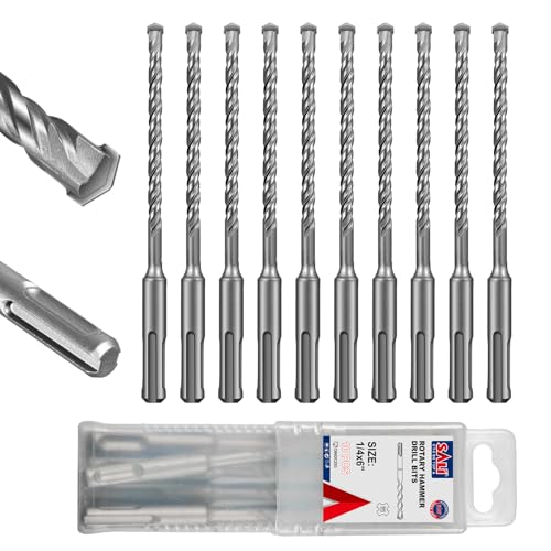 SALI SDS Plus Rotary Hammer Drill Bit Set，1/4" x 6", 10-Pack, Carbide-Tipped Masonry Bits for Concrete, Brick & Stone with Storage Case - size: 1/4"*6"