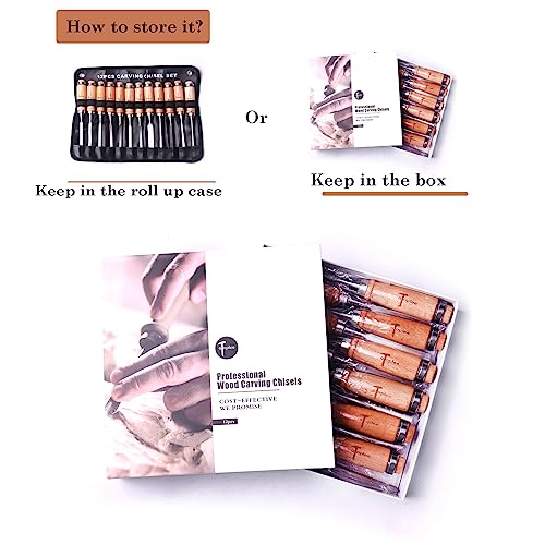 ATOPLEE 12pcs Wood Carving Chisel Set for Woodworking, Professional Wood Gouge Tools with Box and Roll Up Bags for Carpenter Craftsman Gift in Most Carving Project
