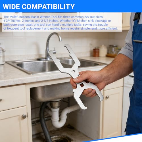 3 Way Plumber's Sink Strainer Wrench – 1 Pack | Basket Strainer Wrench with Sliding Handle, Fits 1-3/4", 2", 2-1/2", Multifunction Tool with 3/8", 1/2" Square Drive Holes