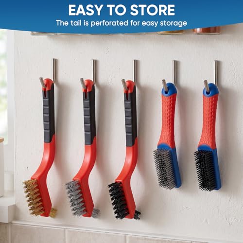 5PCS Wire Brush Set – 2 Heavy-Duty Steel Brushes with Rubber Handle & 3 Brass/Nylon/Stainless Steel Bristle Brushes for Rust, Paint & Grill Cleaning