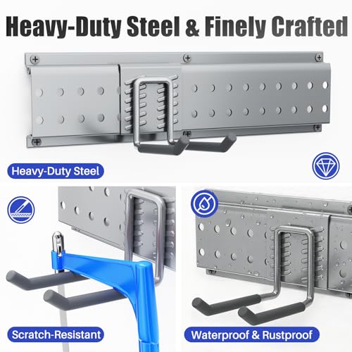 Garage Tool Organizer Wall Mount 49.5 inches with 10 Adjustable Heavy-Duty Hooks, Garage Organization, Garden Tool Storage Rack, Yard, and Shed, Holds Up to 400 lbs (Grey) - size: 49.5" | 3 Panels + 10 Hooks