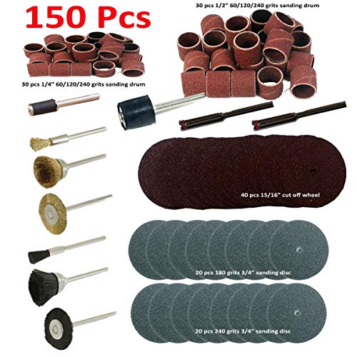 150 Pcs Rotary Power Tool Accessory Kits Set Suit for Dremel 3000 4000 8220-2/28 395 7700-1/15 4000 3/34 Chicago Electric, 1/8" Shank Hobby Clean Polish Sanding Drum Brass Nylon Wheel