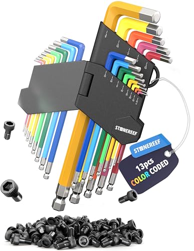 STONE REEF 13-Piece Metric Allen Key Set – Long Arm Hex Wrench Set (0.7 mm to 10 mm) – Chrome Vanadium Steel – Ball End L-Shaped Hex Keys for Furniture, Bikes & Machinery - color: Sae Key