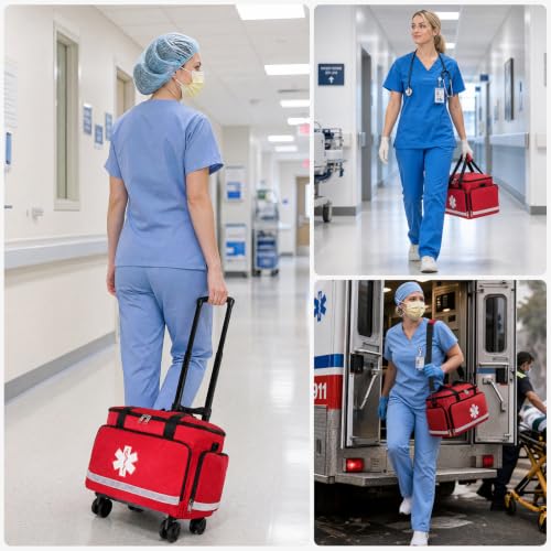 Medical Bag Rolling Roller Bag Trolley Duffel Nurses EMT CNA RN Empty for First Aid Responder Home Health Care Nursing Student Roll Duffle Bag Carry on Wheels Wheeled Work Physicians Doctor - color: Red