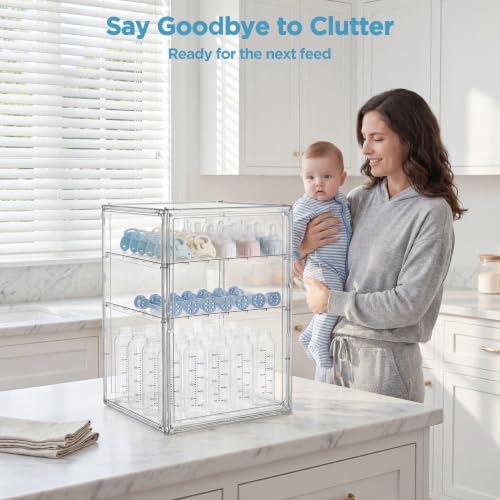 HBlife Baby Bottle Storage Organizer for Countertop Cabinet, 3 Tiers Adjustable Clear Acrylic Bottles Storage Station Case Box Container with 2 Removable Dividers and Magnetic Door, XXL - size: XXLarge, style: 3-Tier Single Door