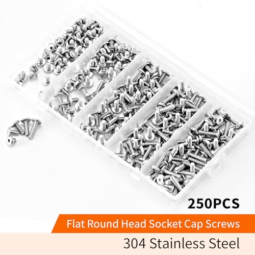 M3 x 4mm 6mm 8mm 10mm 12mm Flat Round Head Hex Socket Cap Screws Bolts, Furniture Screws, 304 Stainless Steel, Metric Fully Threaded, Allen Hex Drive, Bright Finish, Assortment Kit 250PCS - size: M3 x 4/6/8/10/12mm (250PCS)
