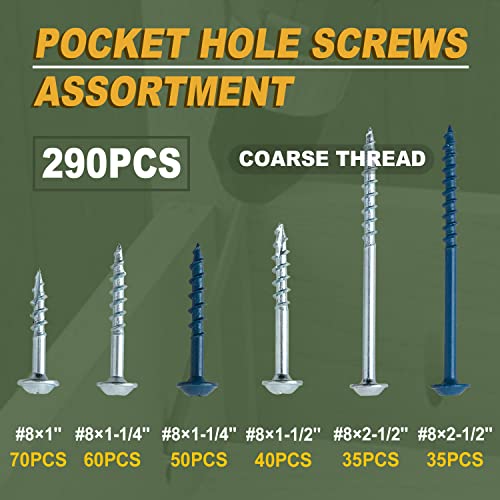 LIONMAX Pocket Hole Screws Assortment Kit 290PCS, Coarse Thread in 4 Sizes - size: Coarse Thread (290pcs)