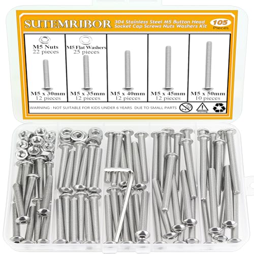 105 Pieces M5 x 30/35/40/45/50mm Button Head Socket Cap Screws Nuts Washers Set Silver, Sutemribor M5 Long Screws, M5 Stainless Screws Nuts Washers Assortment Kit, 304 Stainless Steel, Fully Threaded - size: M5 Long Screws Kit, style: Button Head