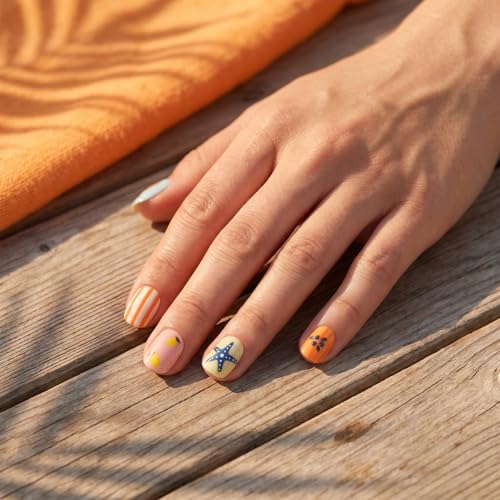 Summer Press On Nails Short Almond Colorful with Starfish Lemon Stripes - color: Style10
