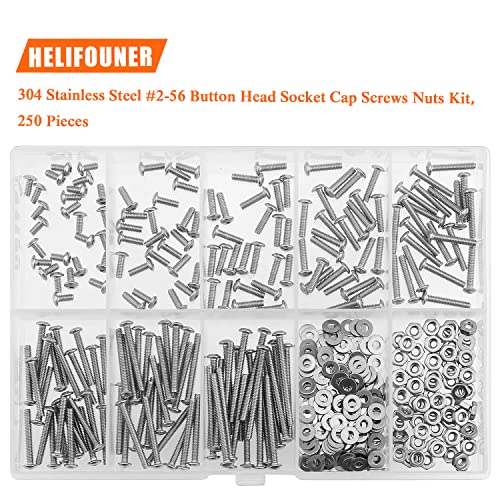 HELIFOUNER 250 Pieces #2-56 x 3/16" 1/4" 5/16" 3/8" 1/2" 5/8" 3/4" 1", Button Head Socket Cap Screws Bolts Washers Nuts Kit, Coarse Thread, Fully Machine Threaded, 304 Stainless Steel - size: #2-56, style: Button Head