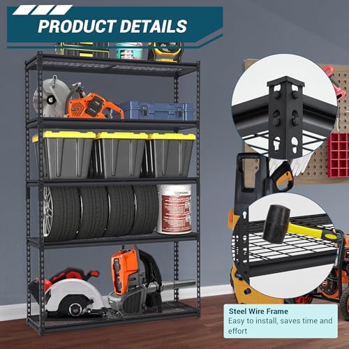 48x18x72 Inch Garage Shelving Heavy Duty, Storage Shelves 2500Lbs Capacity, Adjustable Metal Shelving Unit, 5 Tier Industrial Shelves for Basement Workshop - size: 48 x 18 x 72 inches