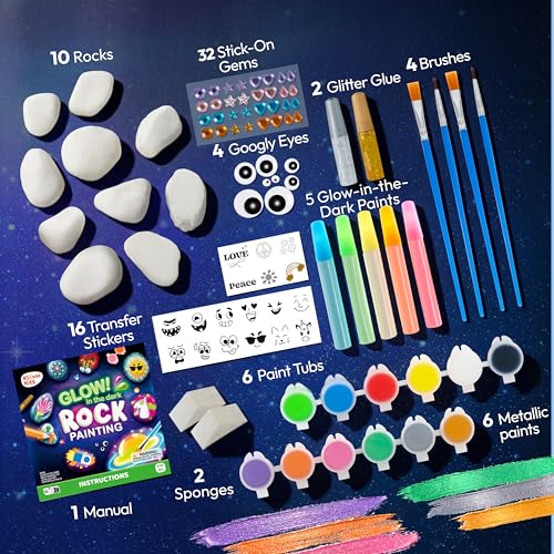 Rock Painting Kit- Glow in The Dark Rock Kit, Arts and Crafts for Kids Ages 6-12, Art Supplies Toy, Kids Craft Paint Kits, Arts & Crafts for Boys Girls Birthday Party Gift Toy - style: Glow in the Dark
