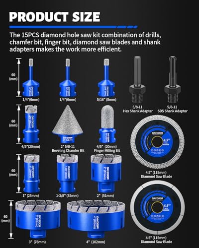 DAYDOOR Diamond Hole Saw Kit,15-Piece Tile Hole Saw Kit Vacuum Brazed(Blue) - color: Blue, size: 1/4",5/16",4/5",1",1-3/8",2",3",4"