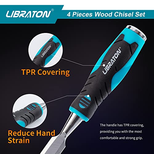 LIBRATON Chisel Set, Wood Chisel Set, Wood Chisel Tool Set for Woodworking | Wood Chisels, Chrome Vanadium Steel Chisel with Storage Pouch, 1/4"(6mm), 1/2"(13mm), 3/4"(19mm), 1"(25mm)