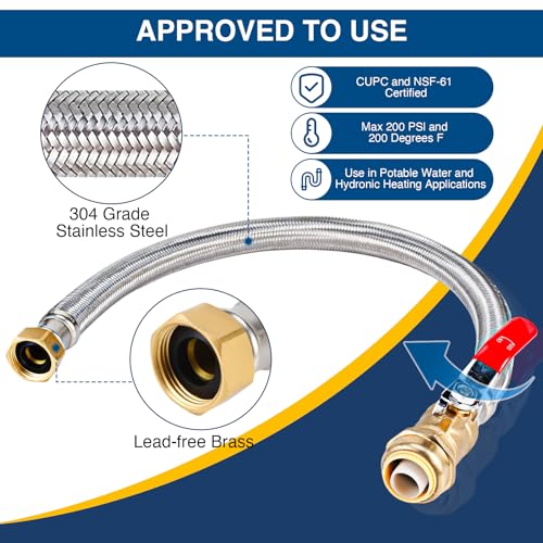 Heavy Duty 24" Braided Stainless Steel Hot Water Heater Hose – 3/4 Inch FIP x 3/4 Inch Ball Valve, Push-to-Connect Brass Fitting - size: 3/4"Ball Valve X 3/4" FIP-1PC