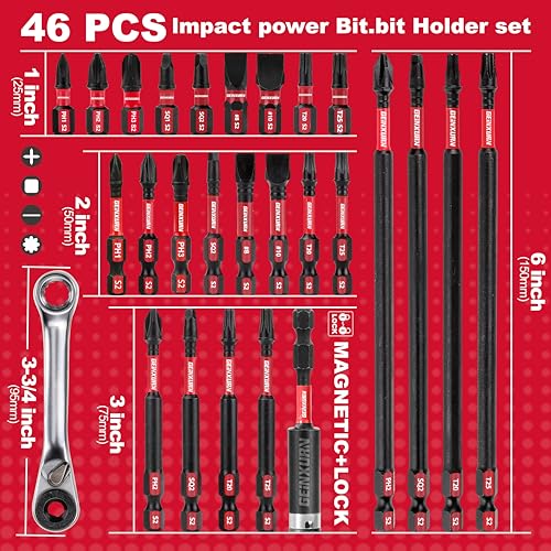 GEINXURN Impact Tough Magnetic Mixed 46Pack Insert Driver Bits, S2 Alloy Steel Screwdriver Power Bits Set with 1Pcs Impact Magnetic Bit Holder and Mini Wrench - size: MIXED-46PC