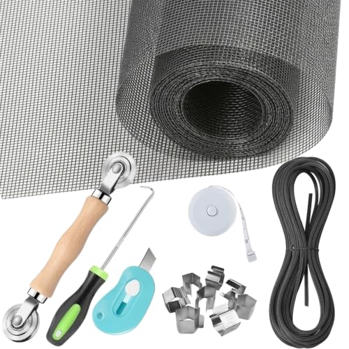 Window Screen Replacement Kit 48" x 118", Window Screen Repair Kit with Spline, Screen Door Mesh Replacement Kit with Roller Tool, Clips, Cutter, Measuring Tape for Window & Door Screen Repair,Black