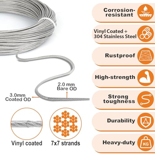 TooTaci 1/8" Wire Rope Kit, 100FT Vinyl Coated 304 Stainless Steel Cable