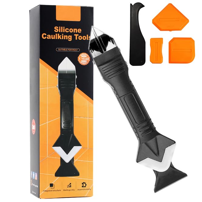 Multifunctional 3-in-1 Silicone Caulking Tool kit - The Ultimate Tile Joint Treatment Tool for Cleaning, Leveling, Seam Pressing, Shaping and Edge Finishing (Plastic Scouring Blade) - color: Black