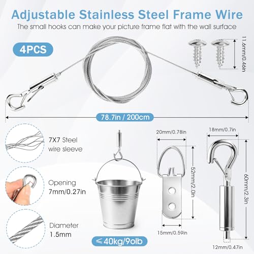 Picture Hanging Wire Kit, Adjustable Stainless Steel Frame Wire 2m X 1.5mm, Heavy Duty 90lbs, Picture Hangers with 16pcs Screws and 8pcs Hole D Rings, for Canvas Paintings/ Mirrors/ Frames