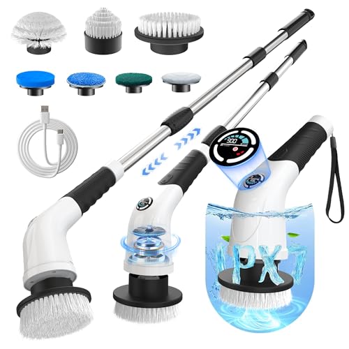 Electric Spin Scrubber, Cordless Cleaning Brush with 180 Min Runtime, 3-Speed, 7 Replaceable Brush Heads & Long Detachable Handle, LCD Display (RPM/Torque/Battery), for Bathroom, Kitchen, Tile