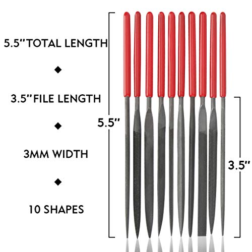 10Pcs Needle File Set- Hardened Alloy Steel, Mini Set Includes Tapered Round, Half Round, Barrette, Crossing, Knife, Warding, Square, Three Square