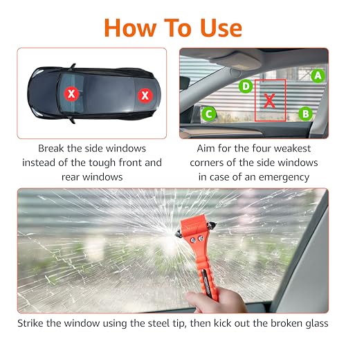 Amazon Basics Emergency Escape Tool, Window Breaker and Seatbelt Cutter, Car Safety Hammer with Protective Bracket, Bright Orange, 2 Pack, SW-835