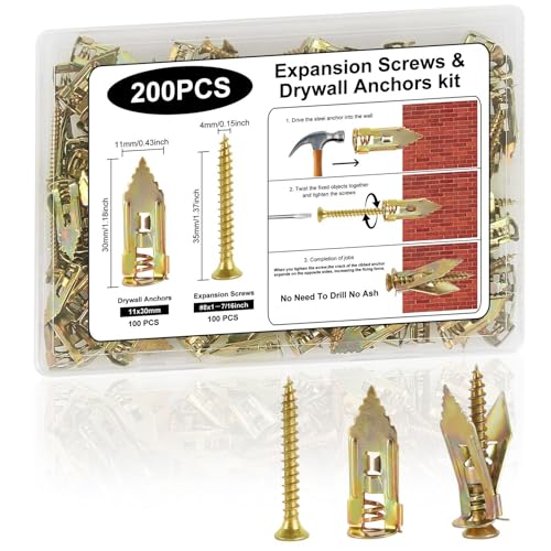 UMLIFE 200 Pcs Self Drilling Drywall Anchors with Screws Kit,100PCS Sheetrock Anchors (0.47X1.18inch) and 100 PCS Screws for TV, Shelf, Decor, Picture Frame Wall Mounting