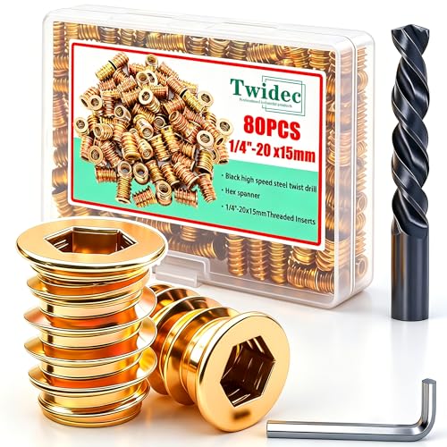 Twidec/80PCS 1/4"-20 Threaded Inserts for Wood Furniture Screw-in Nut Wood Inserts Bolt Assortment Kit with M6 Hex Wrench (1/4"-20 x15mm) N-059 - size: 1/4"-20 x 15mm (80 PCS)