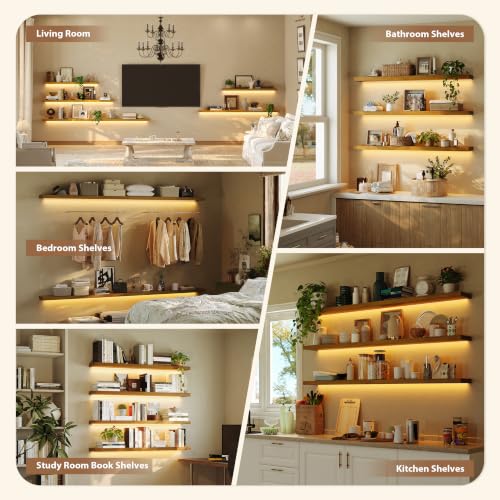 ROGMARS 72 Inches Long Walnut Floating Shelves with Led Light - color: Walnut, size: 72 Inch set of 3